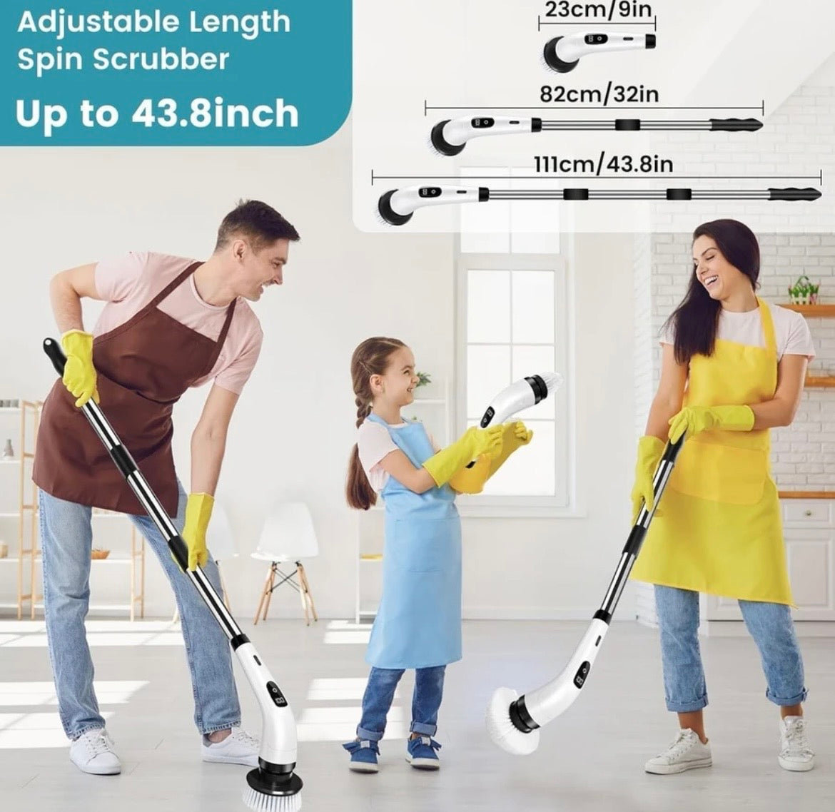 Seseno 9 in 1 Electric Spin Scrubber, Cleaning Brush Scrubber for Home, 300RPM/Min, 8 Replaceable Brush Heads, 3 Adjustable Size, 2 Adjustable Speeds, for Bathroom, Floor Tiles