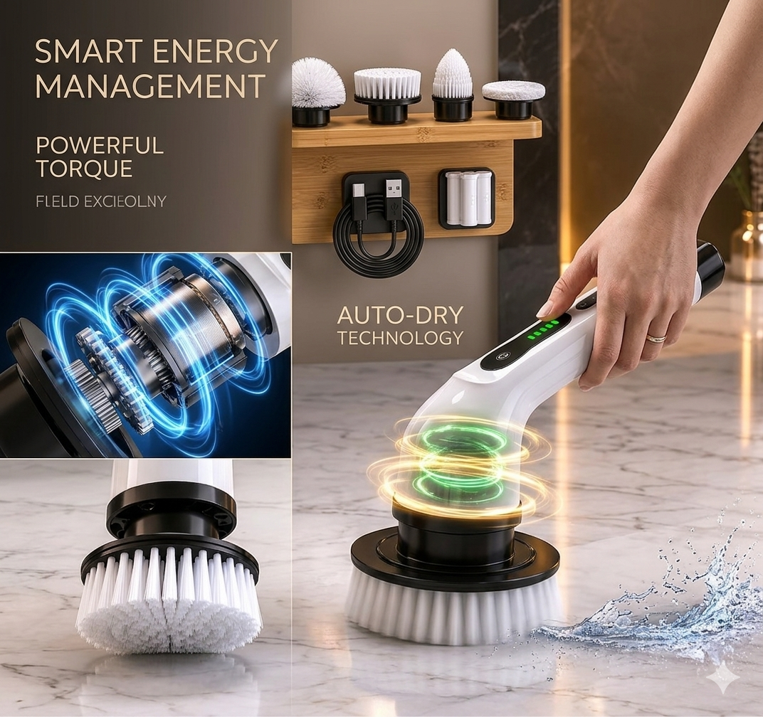 Seseno 9 in 1 Electric Spin Scrubber, Cleaning Brush Scrubber for Home, 300RPM/Min, 8 Replaceable Brush Heads, 3 Adjustable Size, 2 Adjustable Speeds, for Bathroom, Floor Tiles