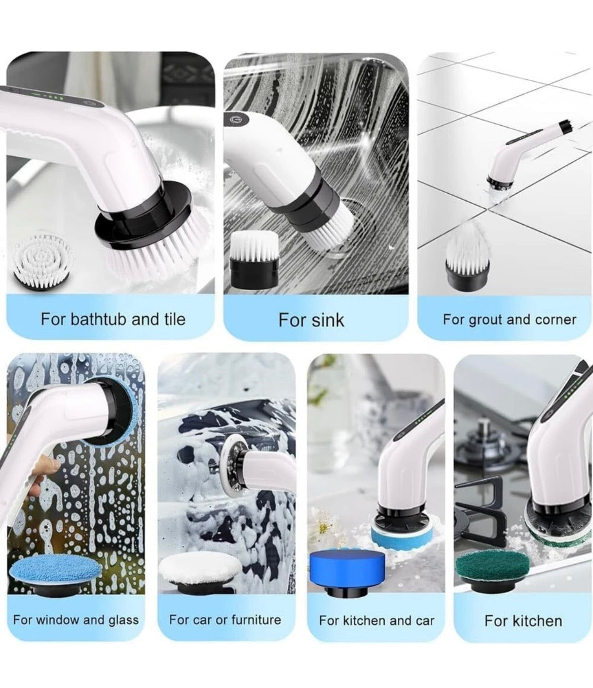 Seseno 9 in 1 Electric Spin Scrubber, Cleaning Brush Scrubber for Home, 300RPM/Min, 8 Replaceable Brush Heads, 3 Adjustable Size, 2 Adjustable Speeds, for Bathroom, Floor Tiles