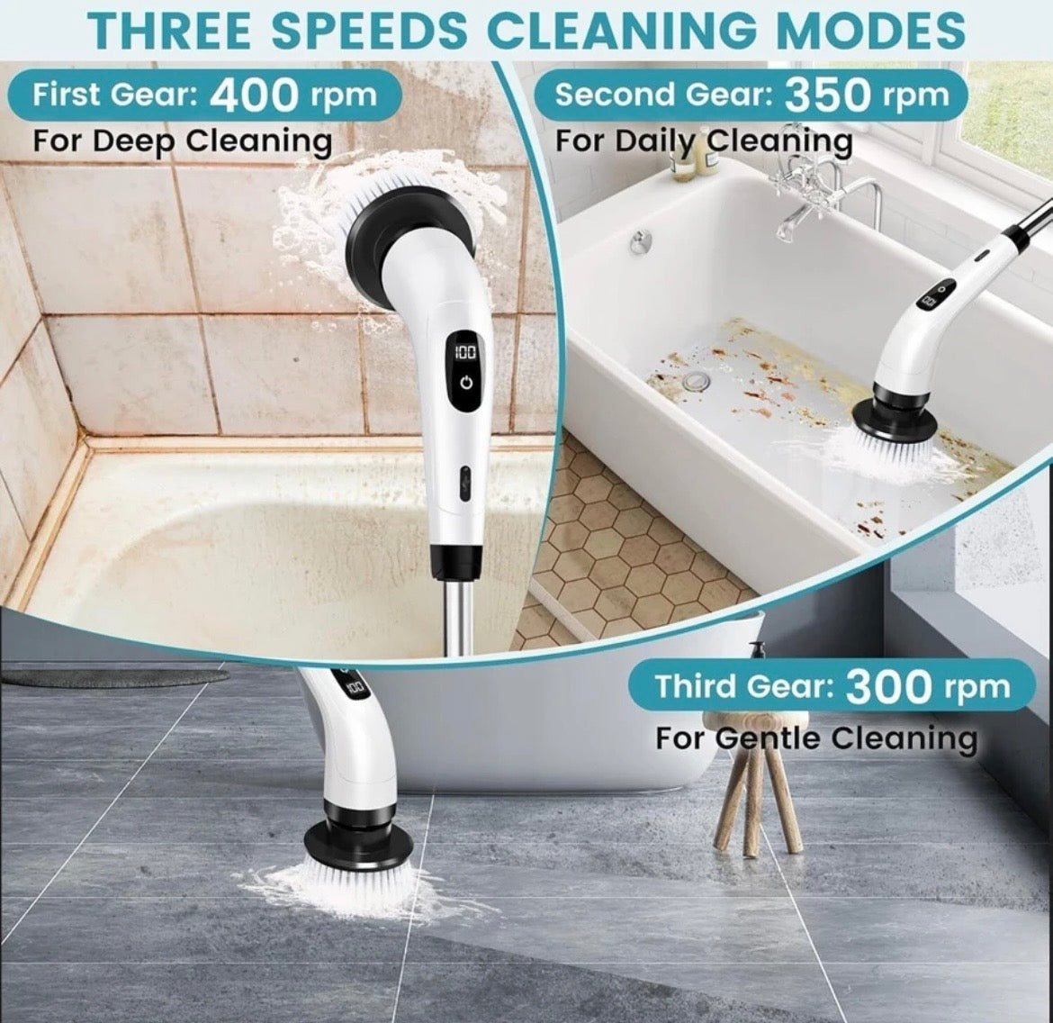 Seseno 9 in 1 Electric Spin Scrubber, Cleaning Brush Scrubber for Home, 300RPM/Min, 8 Replaceable Brush Heads, 3 Adjustable Size, 2 Adjustable Speeds, for Bathroom, Floor Tiles