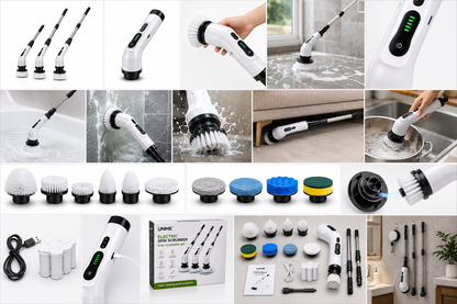 Seseno 9 in 1 Electric Spin Scrubber, Cleaning Brush Scrubber for Home, 300RPM/Min, 8 Replaceable Brush Heads, 3 Adjustable Size, 2 Adjustable Speeds, for Bathroom, Floor Tiles